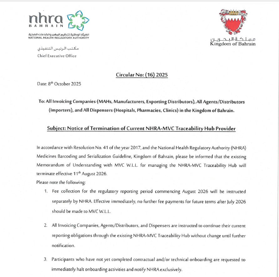 Circular No. 16/2025: Traceability Hub Provider Termination Notice
